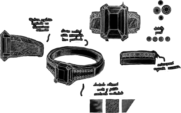 Bocetos técnicos de diseño: textura orgánica inspirada en formaciones naturales, gema central de talla esmeralda, detalle pavé, micropavé de engaste invisible y acabado artesanal mate y pulido.